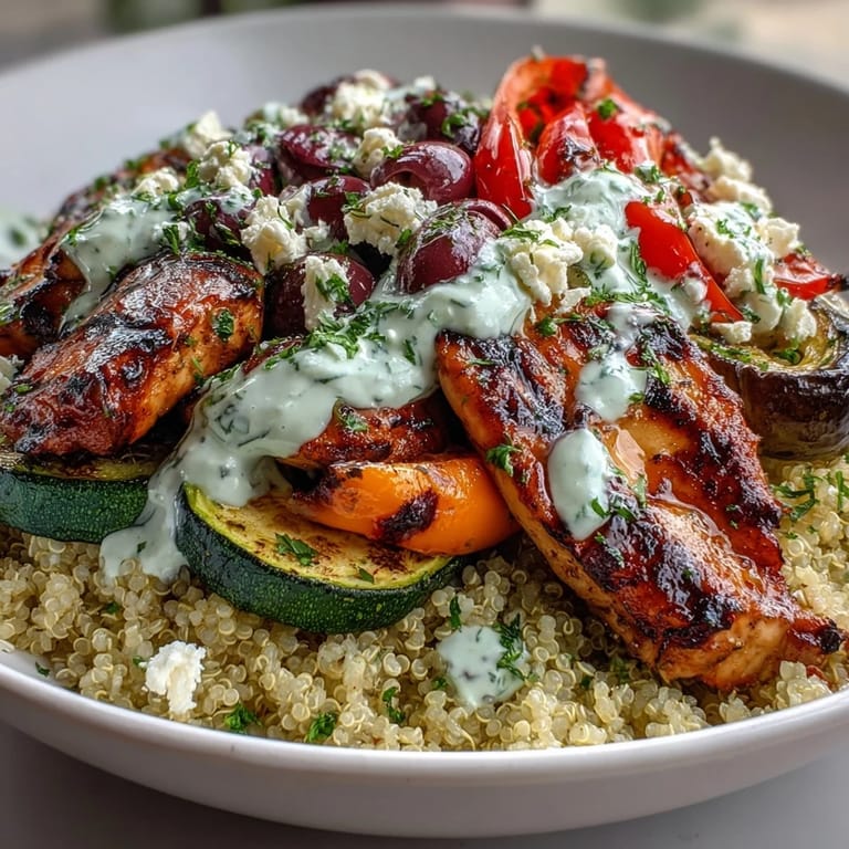 A finished Healthy Grilled Mediterranean Bowl topped with crumbled feta, briny olives, and a drizzle of cool tzatziki sauce.