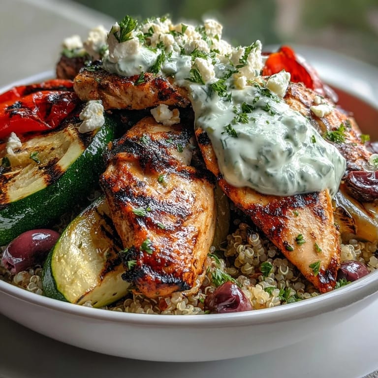 A close-up of grilled halloumi and vibrant vegetables on fluffy quinoa for a Healthy Grilled Mediterranean Bowl, ready to serve.