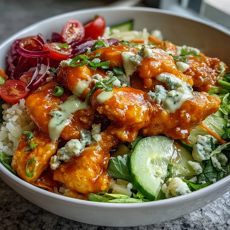 This spicy Buffalo Chicken Bowl features tender chicken, fluffy rice, and fresh vegetables served in a colorful ceramic bowl.