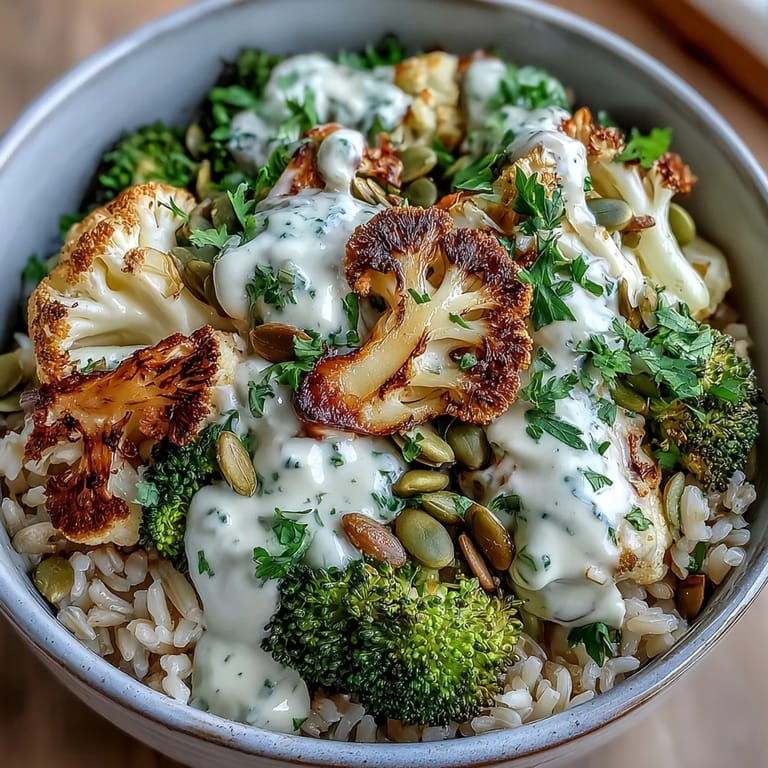 Freshly whisked tahini-lemon dressing drizzles over vibrant roasted vegetables in this hearty Roasted Brassica Bowl.