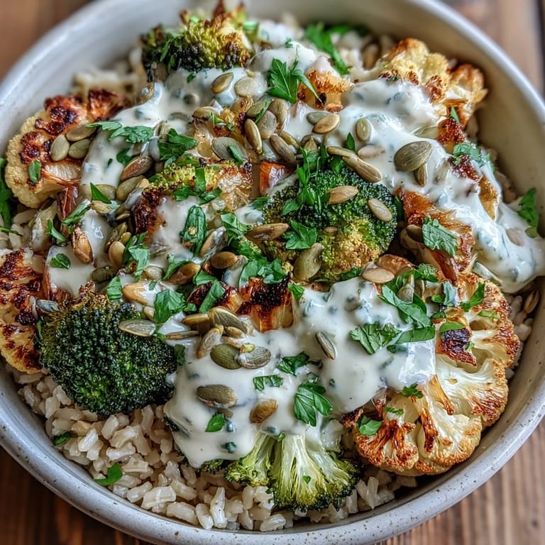Colorful Roasted Brassica Bowl topped with pumpkin seeds and parsley, served warm for a satisfying vegetarian meal.