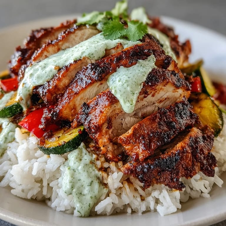 Heaping serving of Blackened Chicken Bowl featuring tender spiced chicken, sautéed vegetables, and fresh lime crema over white rice.