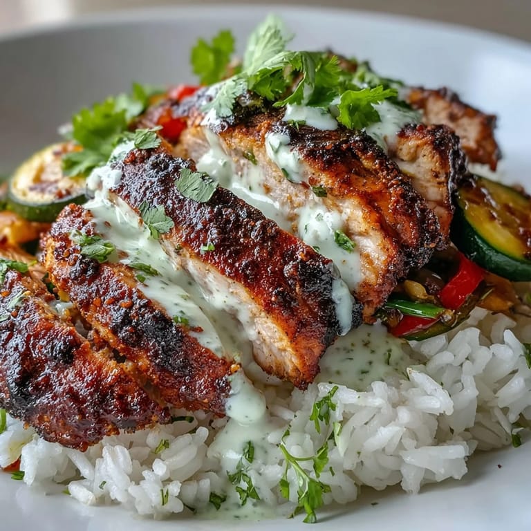 Close-up of a freshly prepared Blackened Chicken Bowl showing juicy chicken slices, colorful veggies, and a dollop of zesty crema.