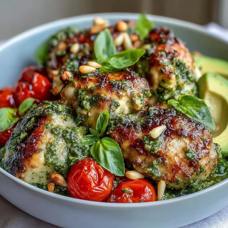 Enjoying a colorful Pesto Chicken Bowl garnished with pine nuts and basil.