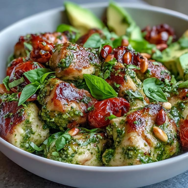 Sliced avocado and cherry tomatoes top this fresh Pesto Chicken Bowl dinner.