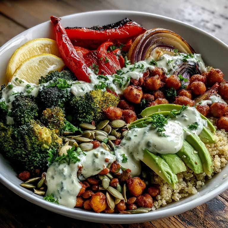 Overhead view of a nourishing Vegetable and Legume Bowl, featuring colorful roasted vegetables and lentils topped with fresh avocado slices and toasted pumpkin seeds.