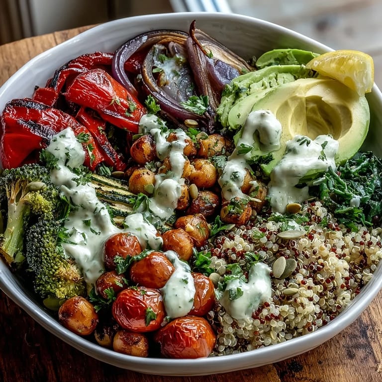 Close-up of a wholesome Vegetable and Legume Bowl, highlighting charred red bell peppers and tomatoes, garnished with fresh parsley and a lemon wedge.