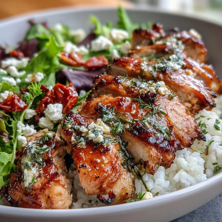Tasty Sun-Dried Tomato Chicken Bowl plated with lemon-dressed salad and golden chicken on steamed rice, ready to serve.