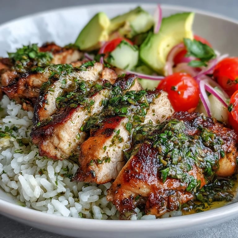 Colorful gluten-free chimichurri chicken bowl with seared chicken, rice, avocado, and tomatoes served with lime wedges for brightness.