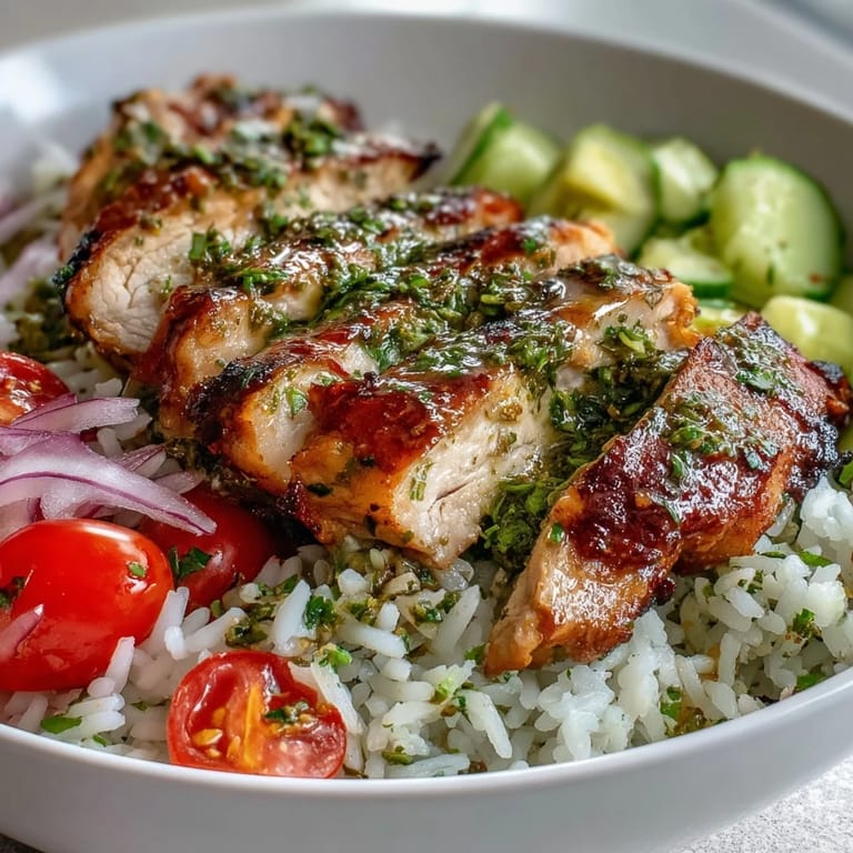 Hearty chimichurri chicken bowl features juicy sliced chicken, crisp cucumber, and red onion drizzled with zesty green herb sauce.