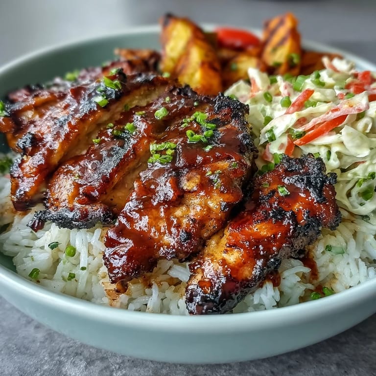 A hearty BBQ Chicken Bowl featuring tender, glazed chicken, creamy coleslaw, and vibrant roasted veggies over rice.
