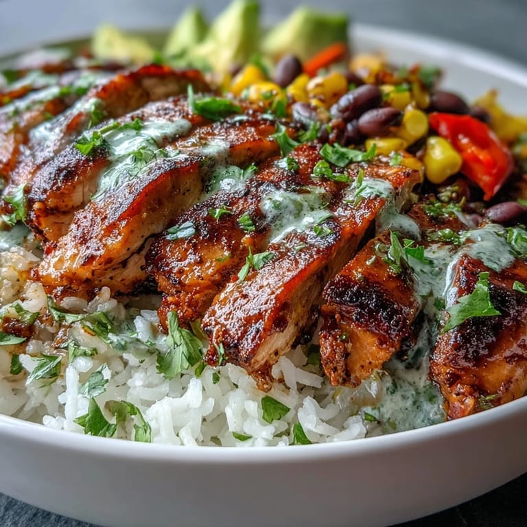 Sliced Cajun Chicken Bowl with avocado and cilantro served beside a zesty lime wedge.