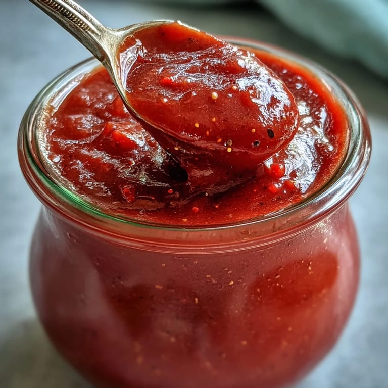 Finished Guava BBQ Sauce glistens in a clear jar, garnished with a sprinkle of smoked paprika, sitting beside tangy apple cider vinegar and guava paste ingredients, ready for dipping or marinating.