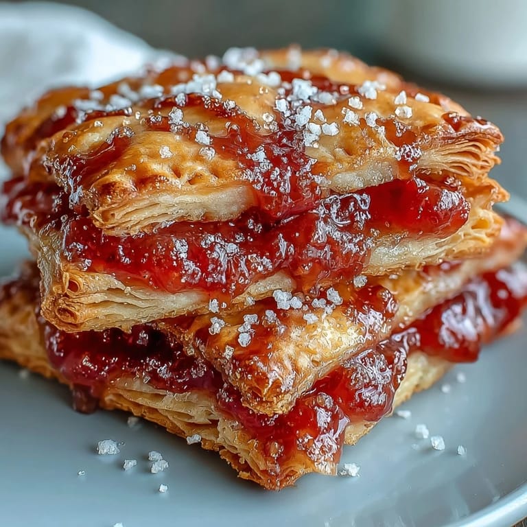 Glazed Guava Cheese Pop Tarts are stacked high, showing off a glossy pink drizzle and powdered sugar on a rustic plate.