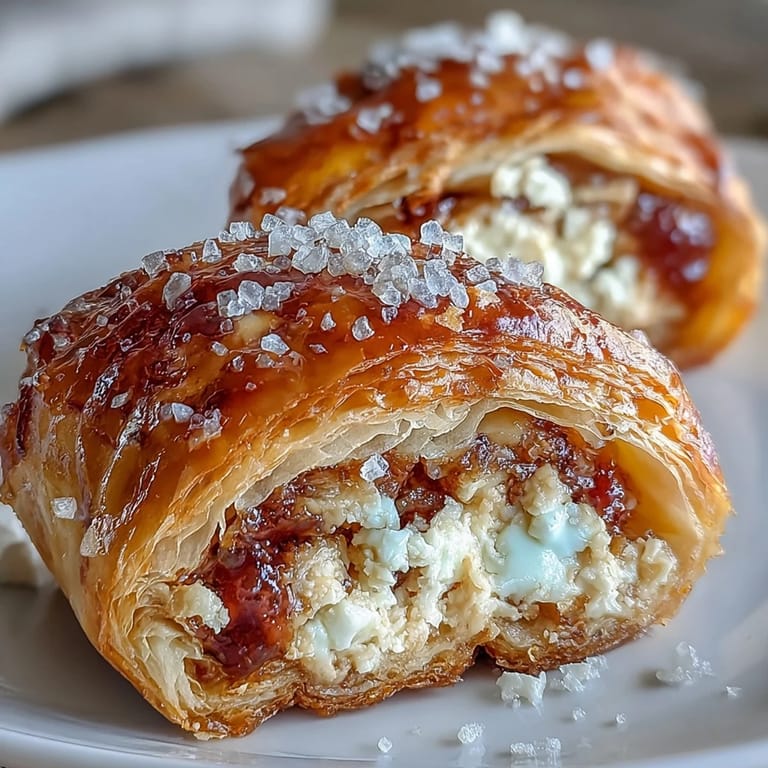 A warm guava and cream cheese pastelito split open, showing creamy cheese and vibrant guava paste on a wooden board.