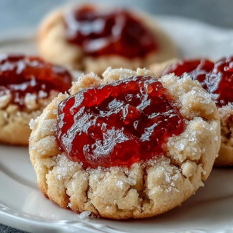 Homemade Guava Jam Thumbprint Cookies arranged on a white plate with a dollop of guava jam nearby, perfect for a sweet dessert snack.
