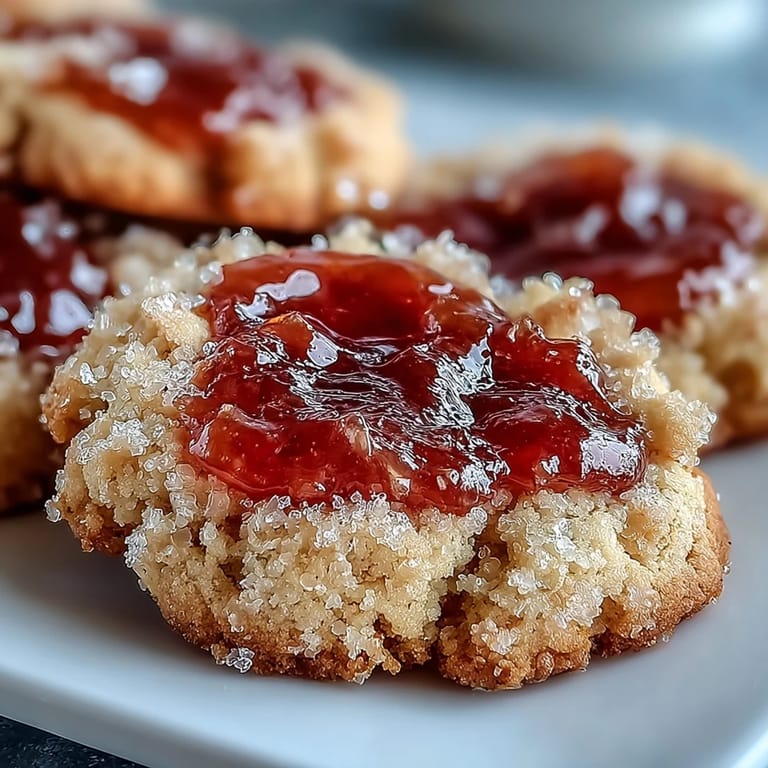 Close-up shot of Guava Jam Thumbprint Cookies revealing the buttery cookie texture and sweet-tart guava filling in the thumbprint indentation.