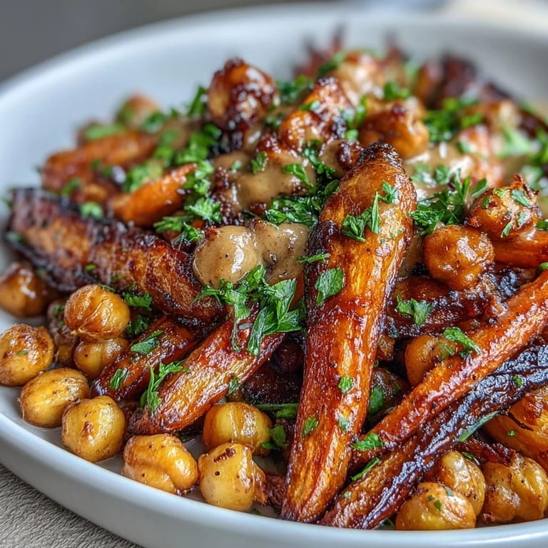 A close-up of the One-Pan Roasted Carrot and Chickpea Bowl shows caramelized vegetables, crunchy chickpeas, and fresh herbs atop fluffy quinoa, highlighting the vibrant colors and textures.