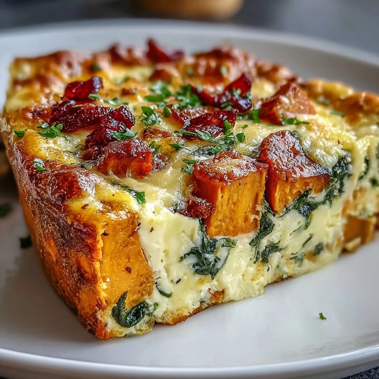 Sliced wedges of Easy Sweet Potato Egg Casserole reveal fluffy eggs and tender sweet potatoes on a rustic wooden board.