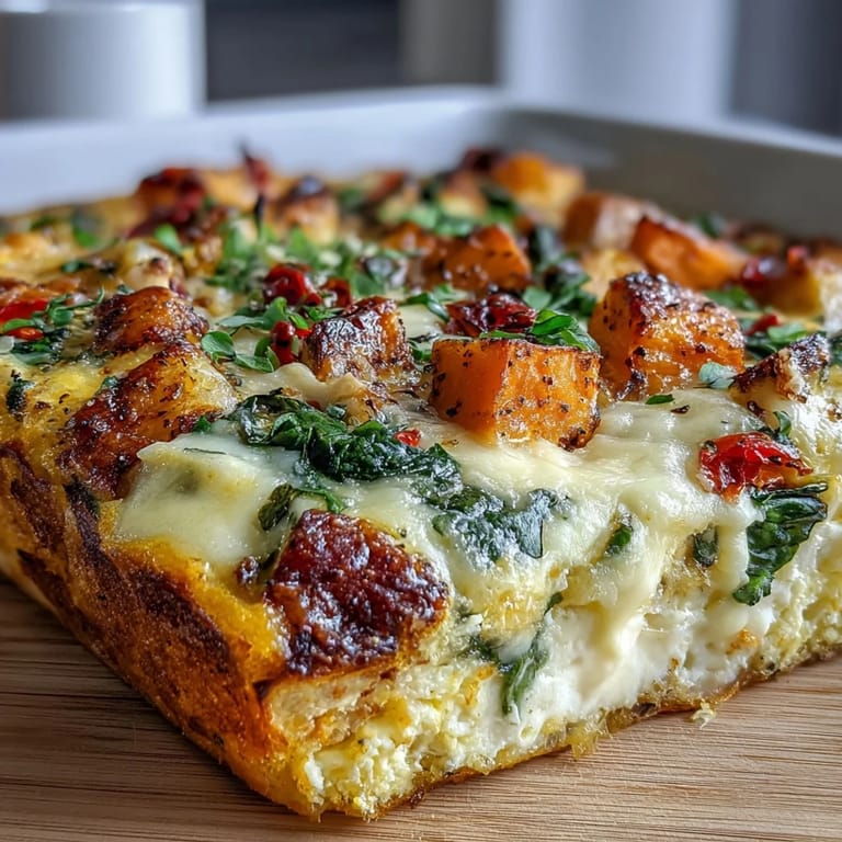 The Easy Sweet Potato Egg Casserole is served warm alongside a fresh green salad for a wholesome, gluten-free brunch.