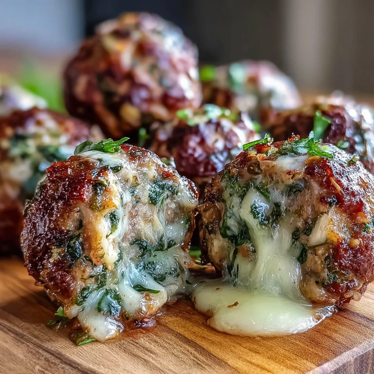Freshly cooked spinach garlic meatballs resting in rich marinara sauce, ready to be served over pasta.