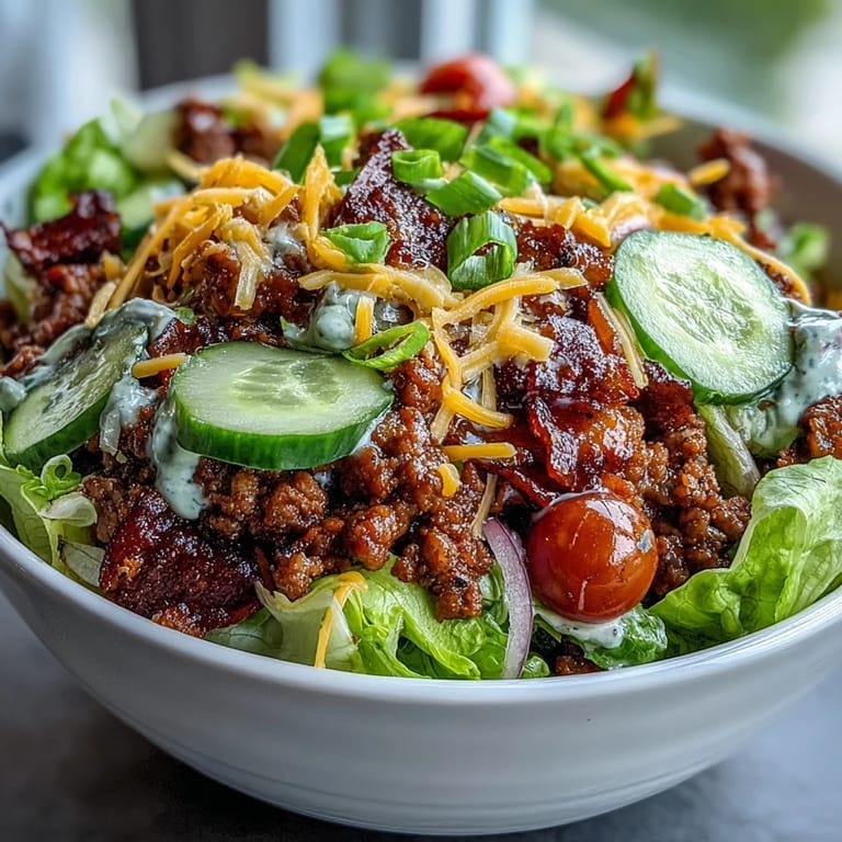 Ready-to-eat High-Protein Cheeseburger Bowls layered with lettuce, ground beef, sliced pickles, tomatoes, and melted cheddar, perfect for a quick low-carb lunch.