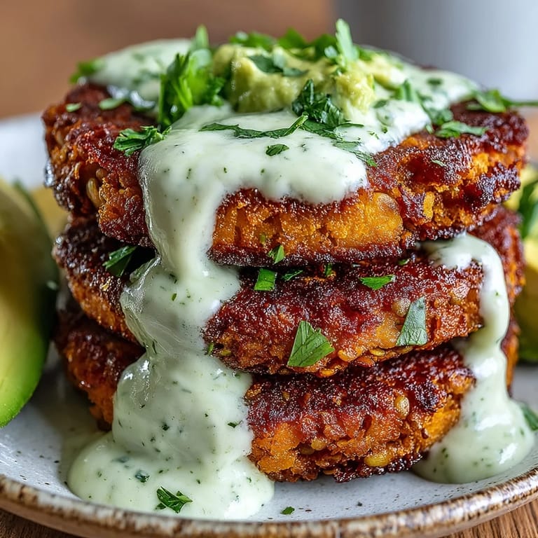 These golden Crispy Sweet Potato & Red Lentil Patties pair perfectly with a vibrant green avocado cilantro dip.