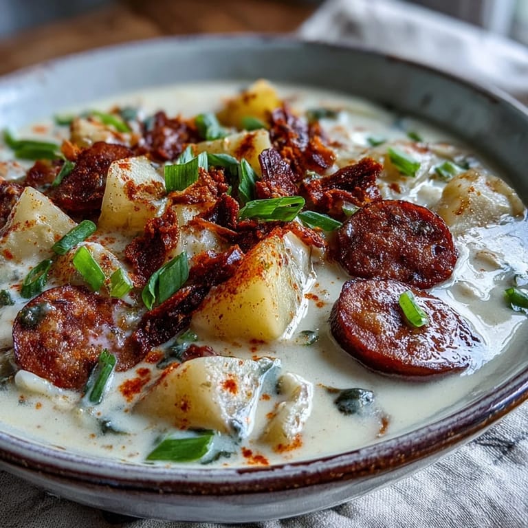 A hearty bowl of Creamy Cajun Potato Soup with Andouille Sausage, featuring tender potatoes and rich cream, perfect for chilly nights.