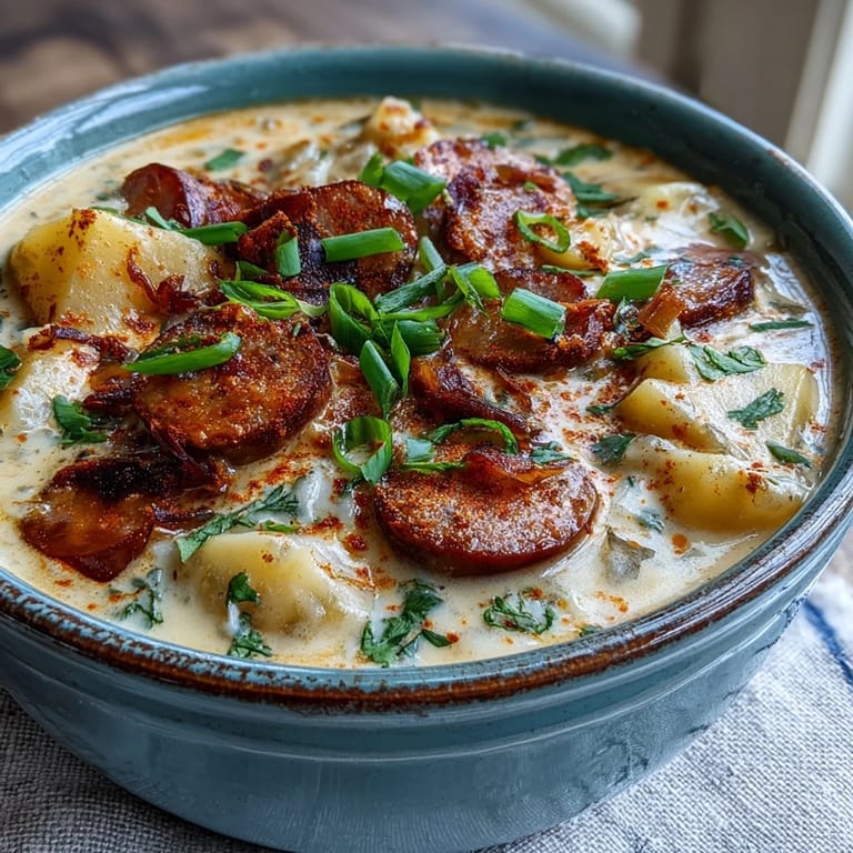 Sliced andouille sausage and diced potatoes in Creamy Cajun Potato Soup, served with crusty bread for a comforting meal.