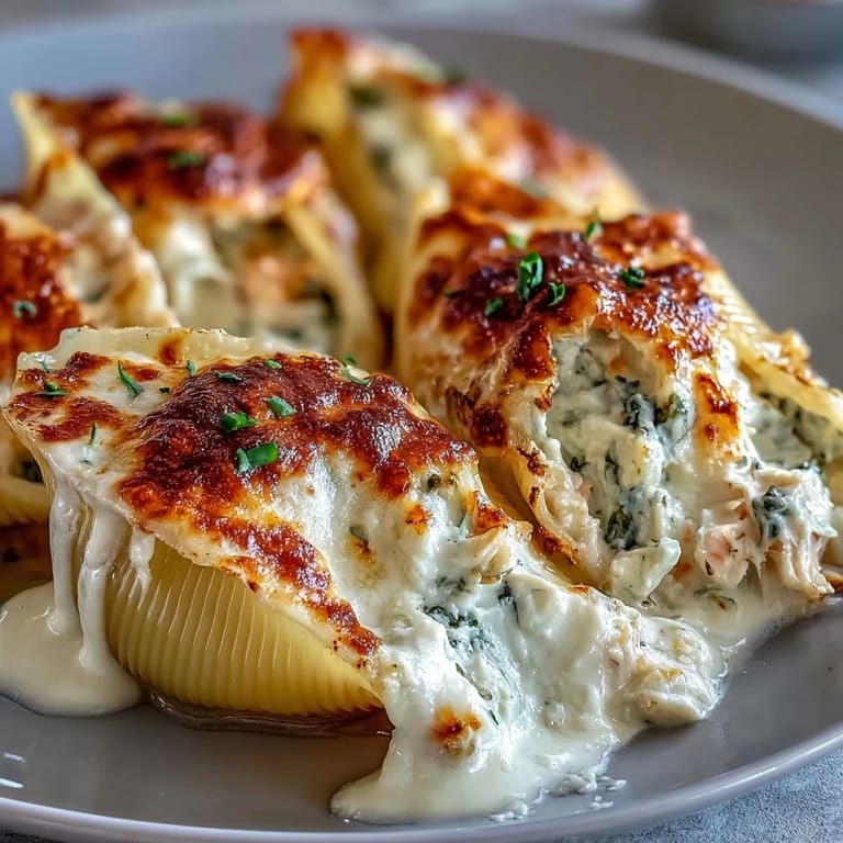 Steam rises from tender stuffed shells, revealing rich seafood, melted cheese, and golden-brown crust in a baking dish. 