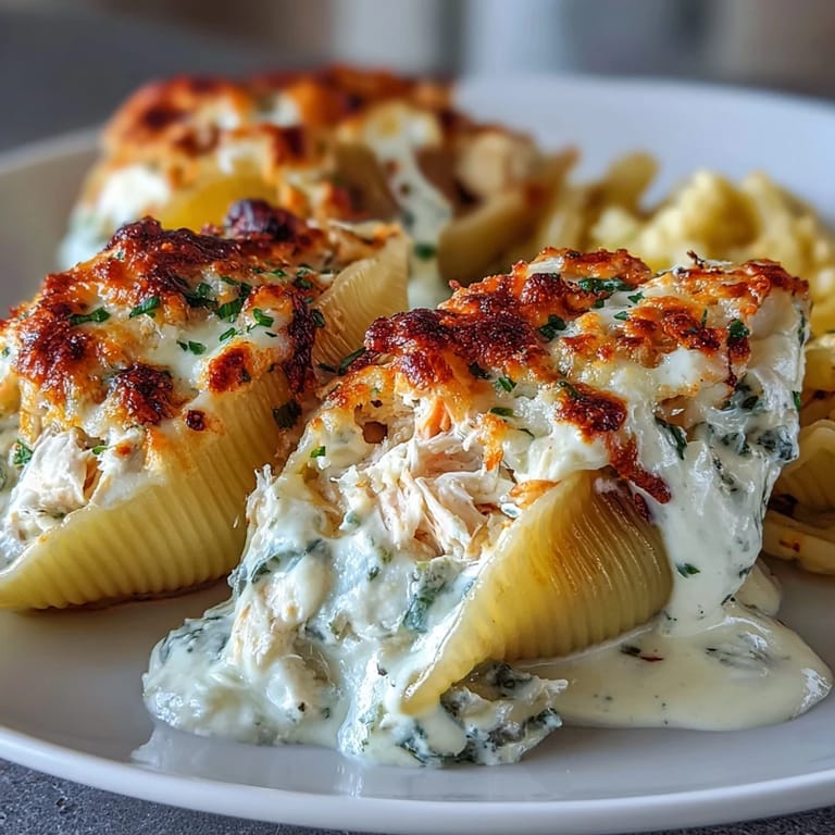 Creamy seafood stuffed shells served warm on a dinner plate, garnished with parsley beside a glass of white wine.