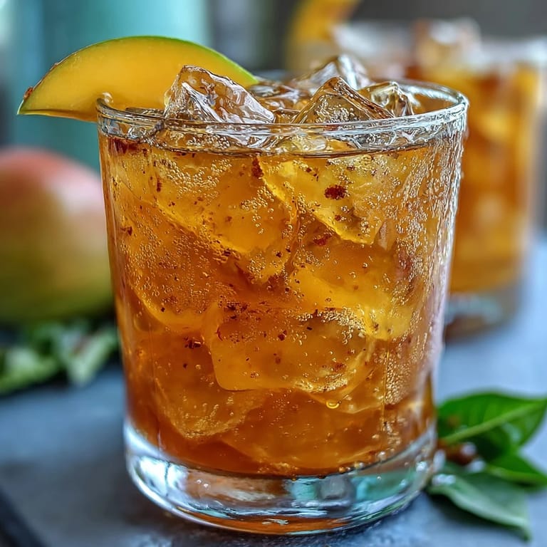 Refreshing pitcher of Mango Iced Tea with honey and mango puree, surrounded by fresh mango slices for a summer party.
