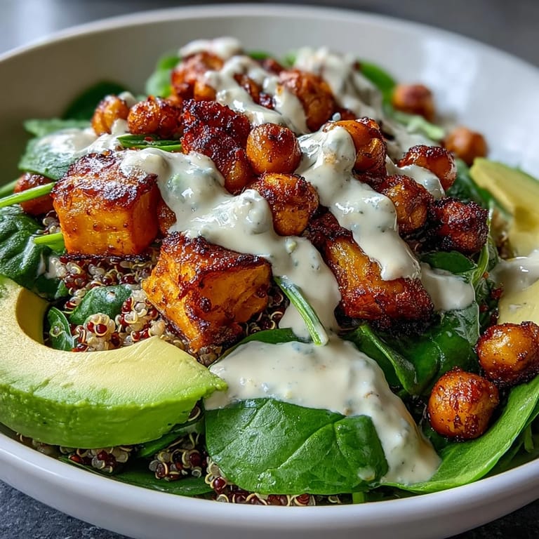 This Anti-Inflammatory Glow Bowl features fluffy quinoa, fresh spinach, and a drizzle of tahini yogurt.
