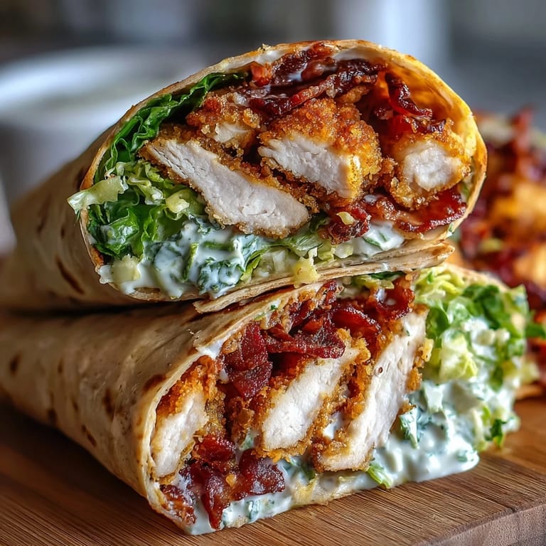 Two halves of a Crispy Chicken Bacon Caesar Wrap show layers of creamy dressing, fresh lettuce, and juicy chicken on a rustic board.