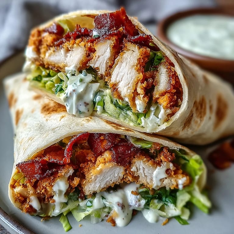 Close-up of a hand holding a soft tortilla filled with crunchy romaine, savory bacon, and golden-brown chicken strips drizzled with Caesar sauce.