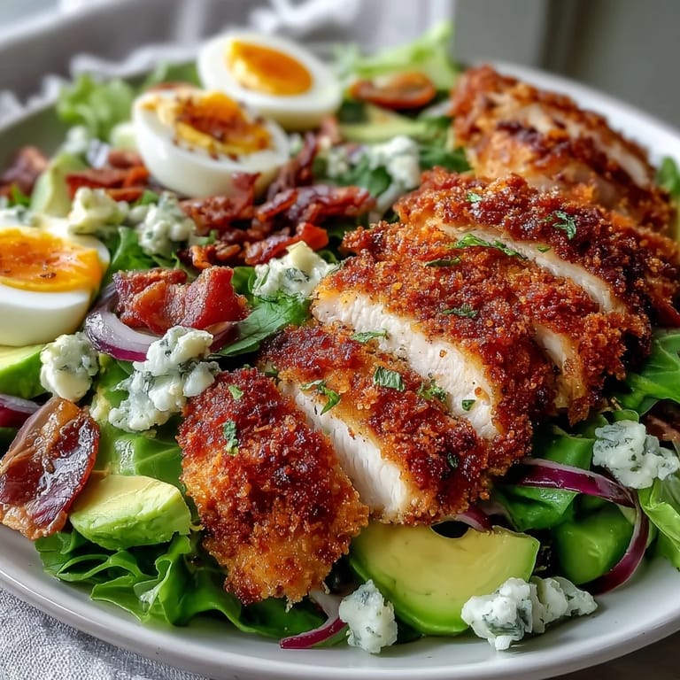 Fresh vegetables and drizzled dressing highlight this hearty Parmesan Crusted Chicken Cobb Salad ready for dinner.
