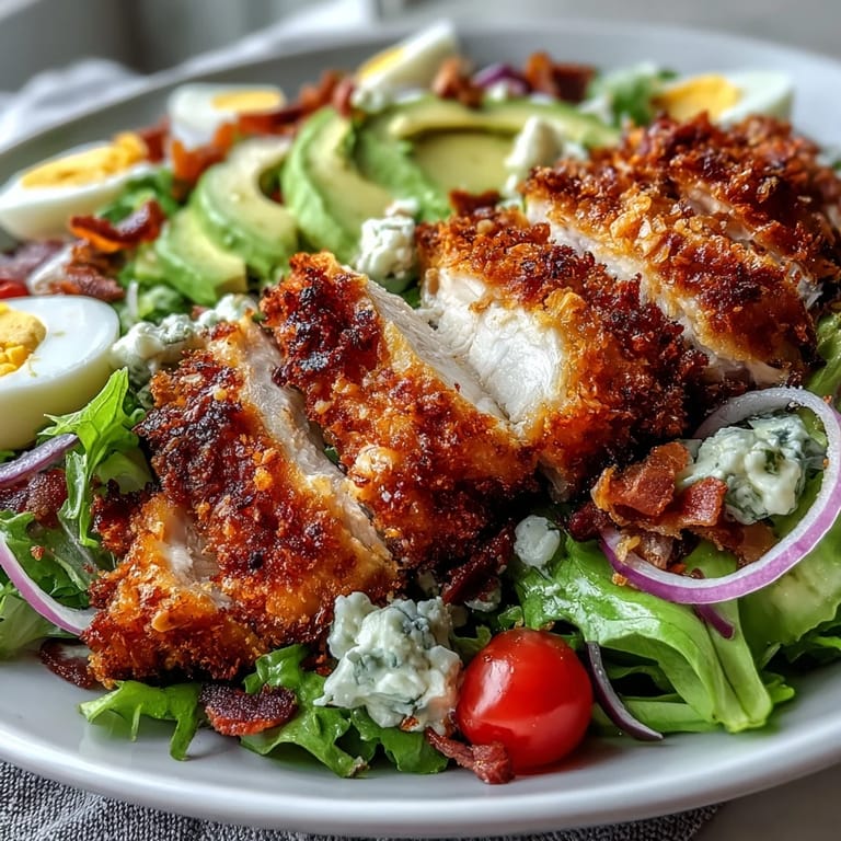 Sliced baked chicken thighs top a vibrant Parmesan Crusted Chicken Cobb Salad with eggs and cherry tomatoes.