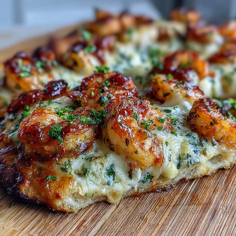 Golden, bubbly mozzarella tops four Garlic Butter Shrimp Naan Pizzas served hot for dinner.