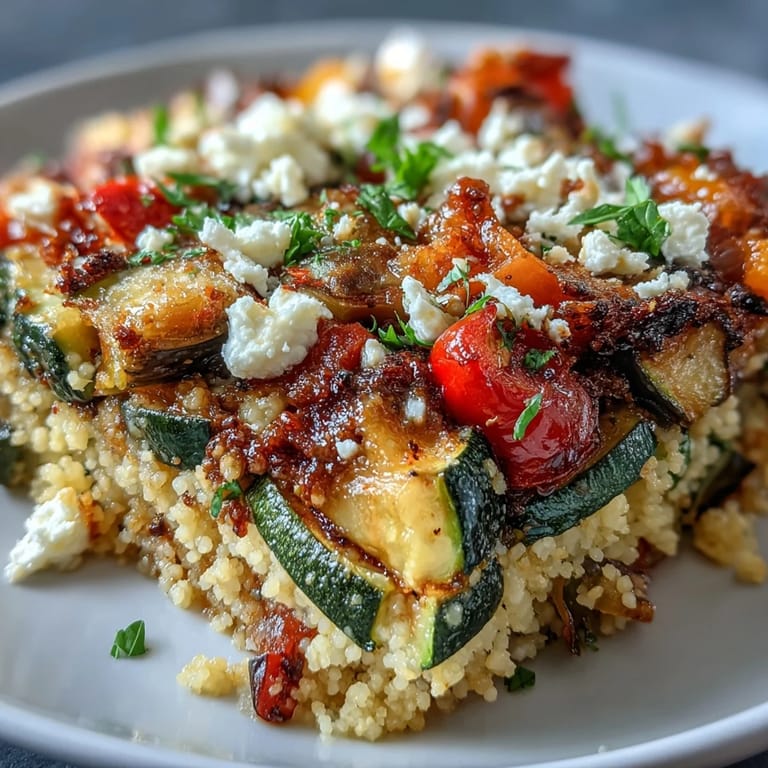 Close-up of the Roasted Veggie & Feta Couscous Bake highlights a golden crust and steam rising from roasted eggplant and bell peppers.