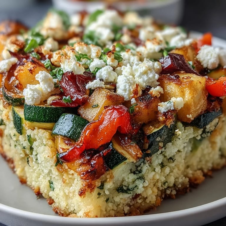 Fork-tender Roasted Veggie & Feta Couscous Bake is plated alongside grilled chicken, revealing fluffy couscous, pine nuts, and vibrant Mediterranean flavors.