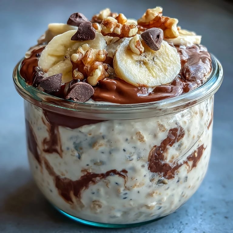 Chunky Monkey overnight oats topped with banana slices and dark chocolate chips, ready to eat straight from the jar.