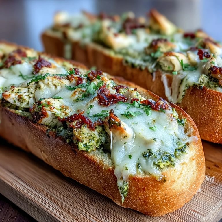 Rustic Pesto Chicken Garlic Bread Boats stuffed with herby pesto chicken and gooey cheese, ready to serve warm.