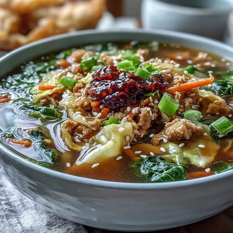 Spicy chili crisp tops a warm bowl of Egg Roll Soup with Chicken & Cabbage, ready to serve for dinner.