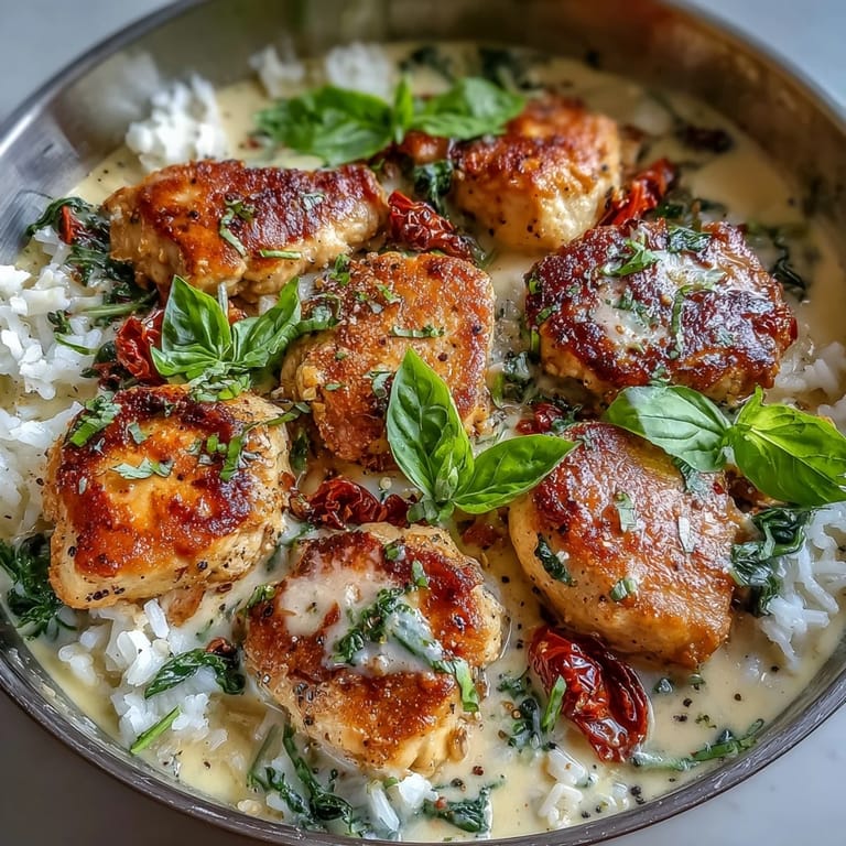 Ready to serve Creamy Tuscan Chicken Rice Skillet, garnished with fresh basil and melted Parmesan over tender rice.