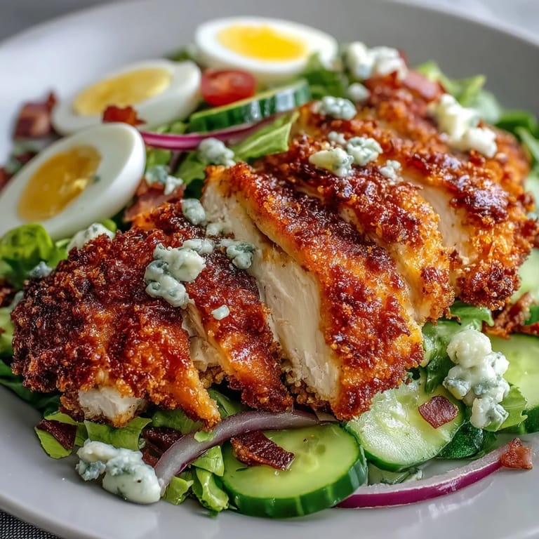 Freshly baked Parmesan Crusted Chicken thighs are arranged over greens, eggs, and bacon for a classic American salad.