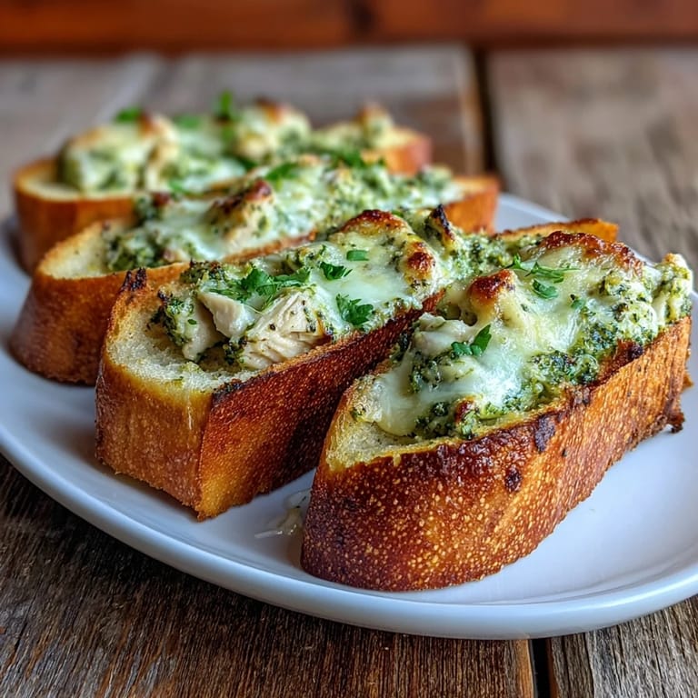 Pesto Chicken Garlic Bread Boats are served warm on a rustic platter, perfect for sharing as a main course or appetizer.
