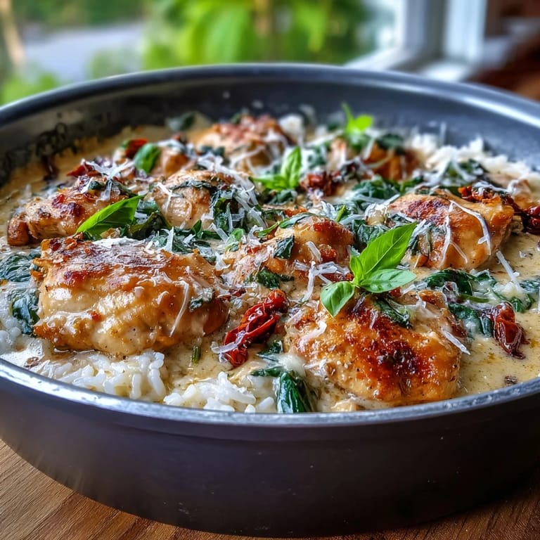 Serve this Creamy Tuscan Chicken Rice Skillet hot, garnished with fresh basil and extra grated Parmesan for a comforting meal.