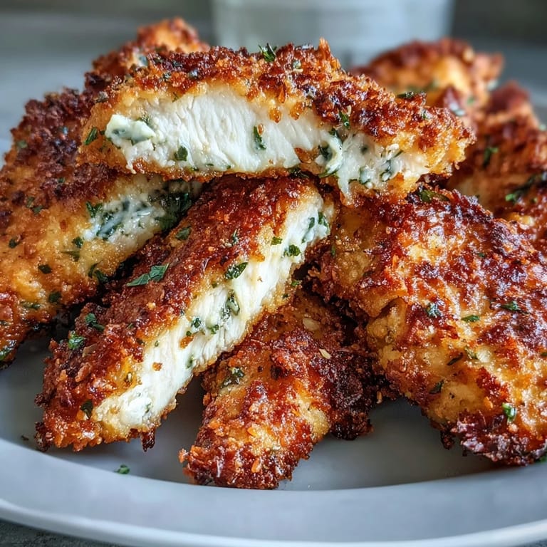 Close-up view of Crispy Panko Ranch Chicken Tenders with a golden crunchy crust and tender white chicken inside.