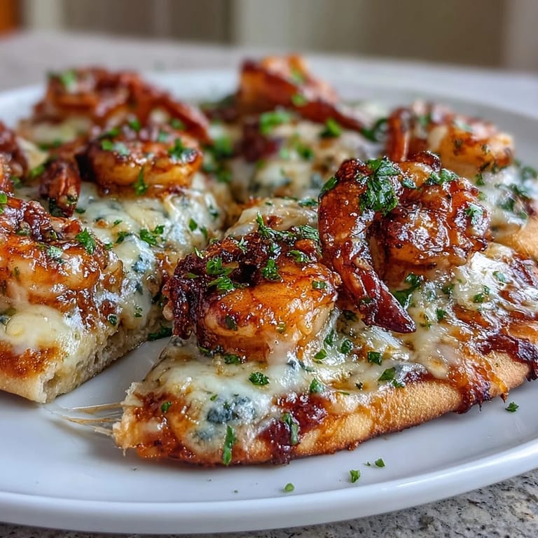 Succulent shrimp sautéed in garlic butter top warm naan, finished with Parmesan for a quick dinner.