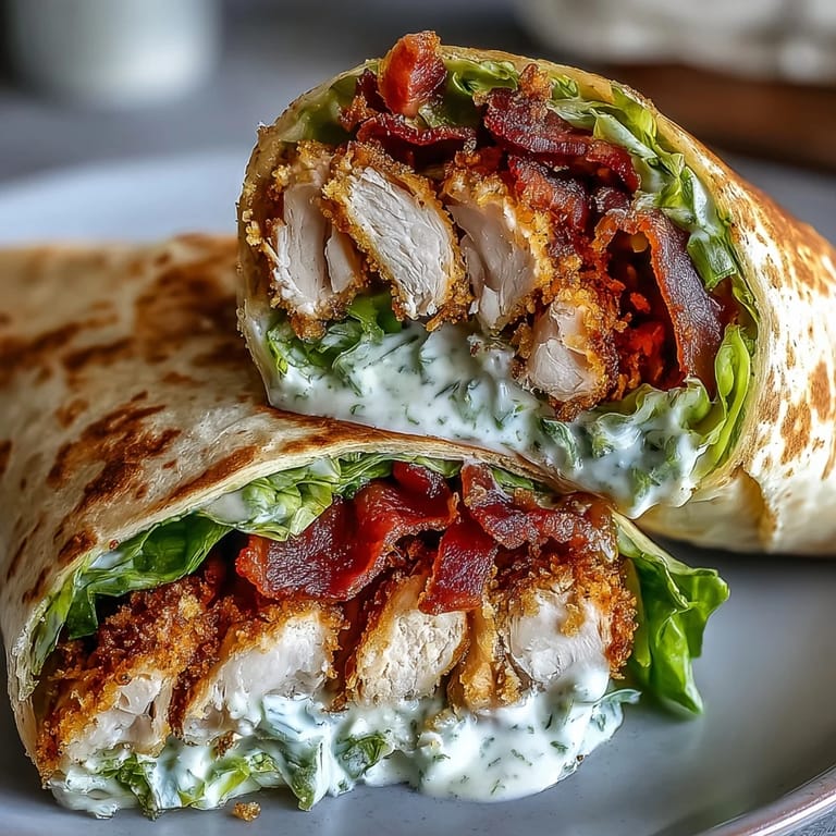 Close-up of Crispy Chicken Bacon Caesar Wraps with crunchy panko-coated chicken, smoky bacon, and creamy Caesar dressing dripping onto a plate for lunch.